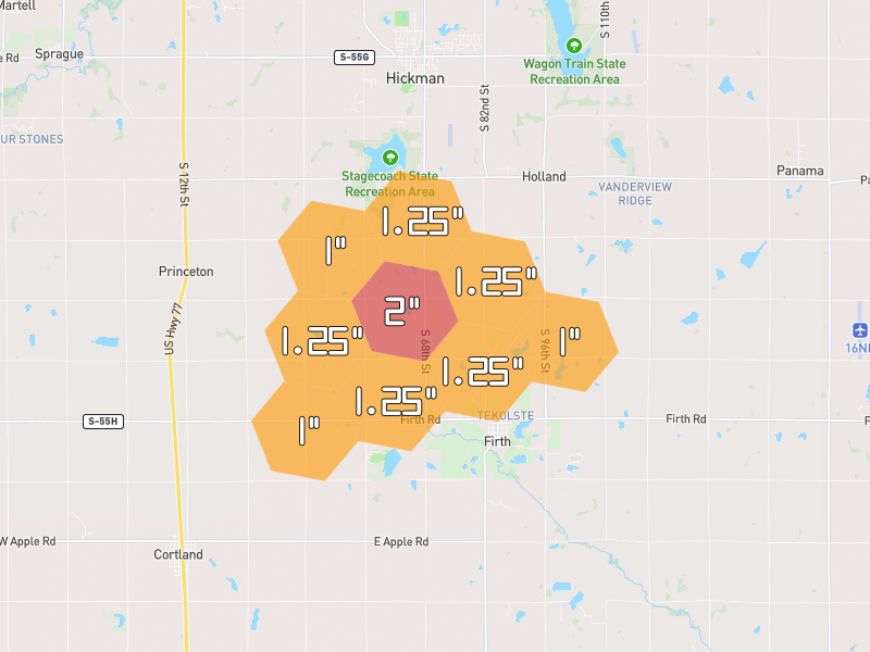 Hail map of Firth, NE on Jun 6, 2026, hail up to 2"