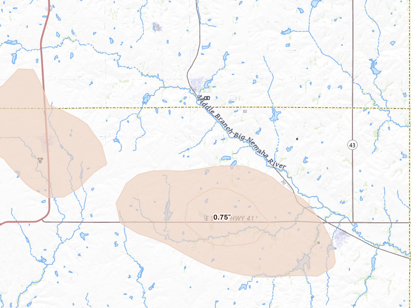 Radar-estimated hail-size map of the storm over Firth, NE on Aug 19, 2026
