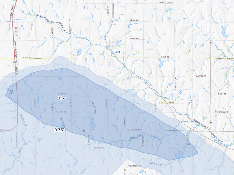 NEXRAD radar-signature map of the hail storm over Firth, NE on Aug 19, 2026