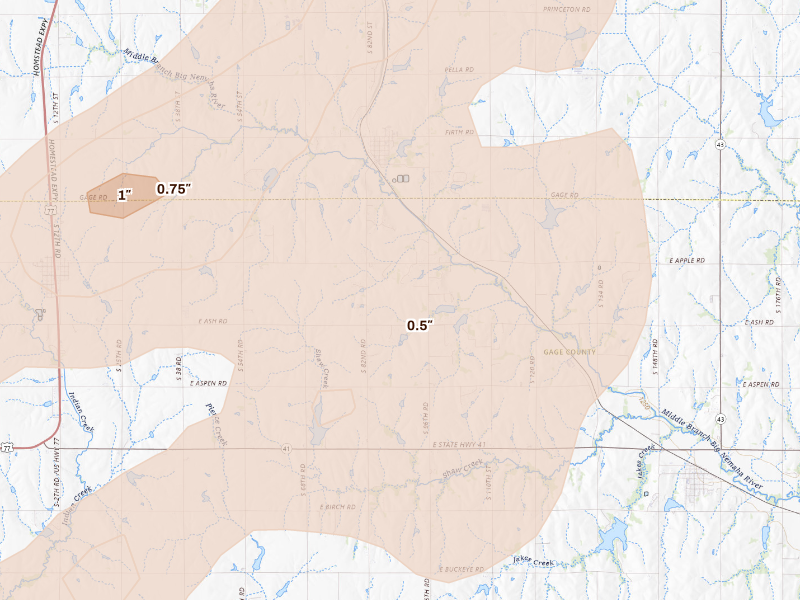 Radar-estimated hail-size map of the storm over Firth, NE