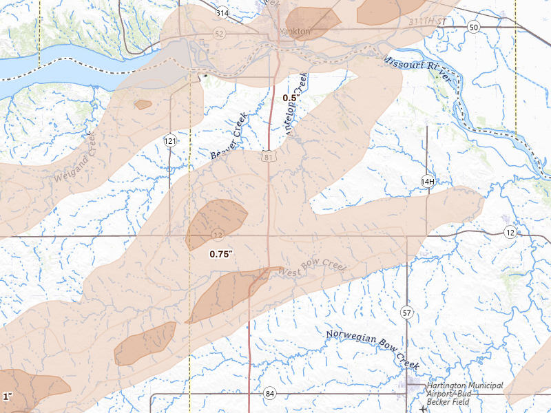 Radar-estimated hail-size map of the storm over Fordyce, NE on Jun 29, 2026
