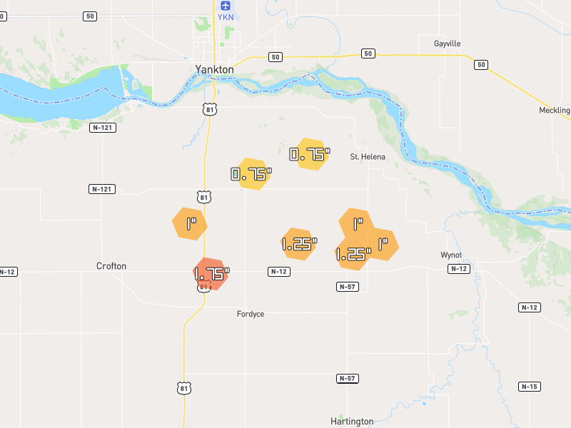 Hail map of Fordyce, NE on Jun 30, 2026, hail up to 1.75"