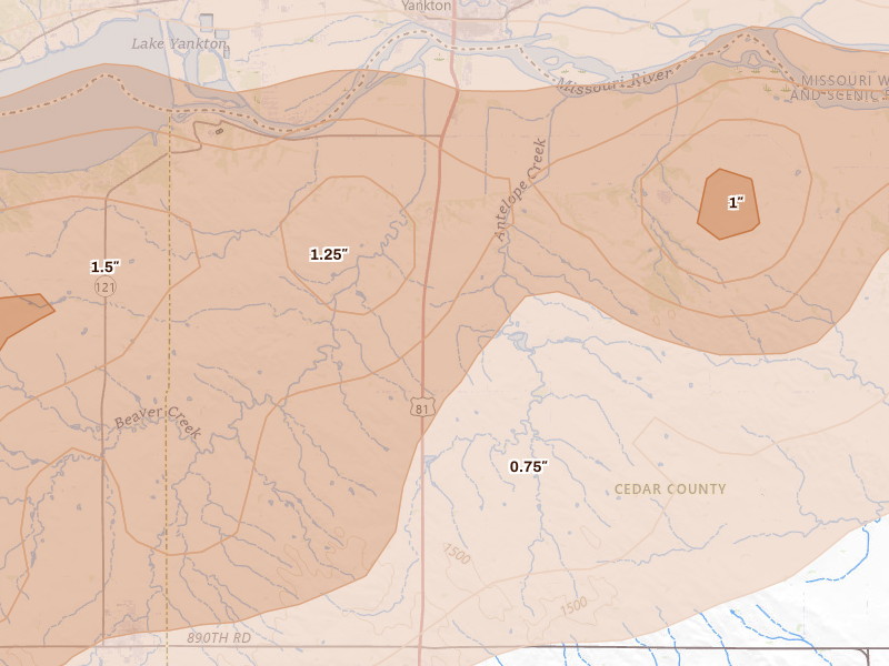 Radar-estimated hail-size map of the storm over Fordyce, NE on Sep 1, 2026