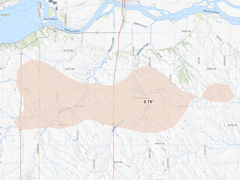 Radar-estimated hail-size map of the storm over Fordyce, NE