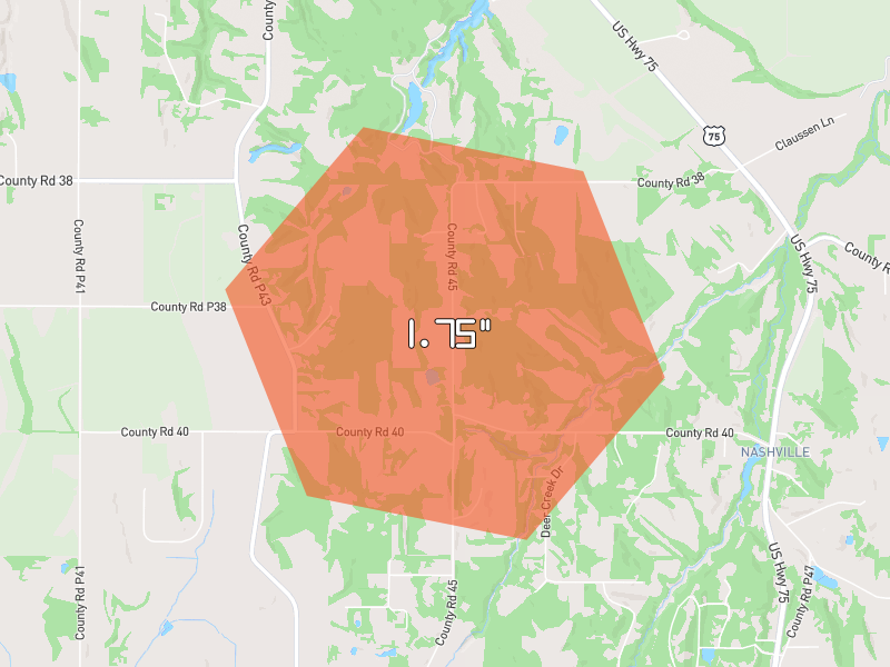 Hail map of Fort Calhoun, NE on Jun 1, 2026, hail up to 1.75"