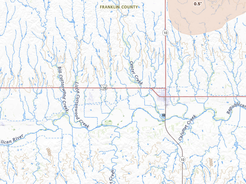 Radar-estimated hail-size map of the storm over Franklin, NE on May 30, 2026