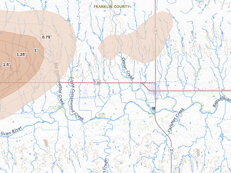 Radar-estimated hail-size map of the storm over Franklin, NE on Jun 8, 2026