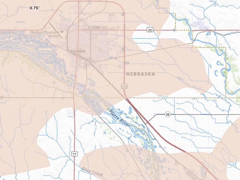 Radar-estimated hail-size map of the storm over Fremont, NE on May 15, 2026