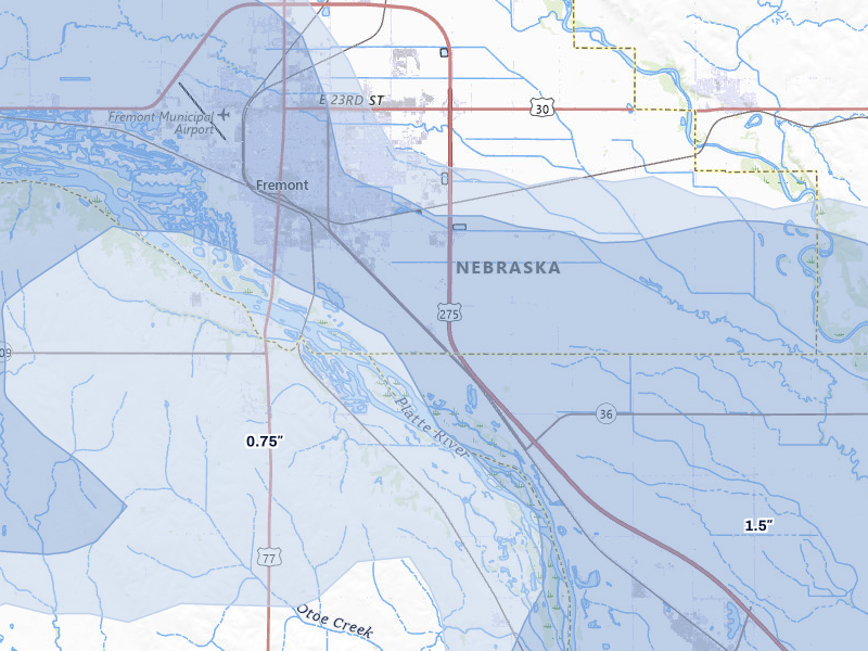 NEXRAD radar-signature map of the hail storm over Fremont, NE on May 15, 2026