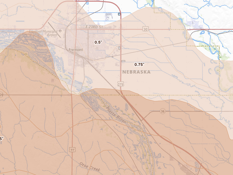 Radar-estimated hail-size map of the storm over Fremont, NE