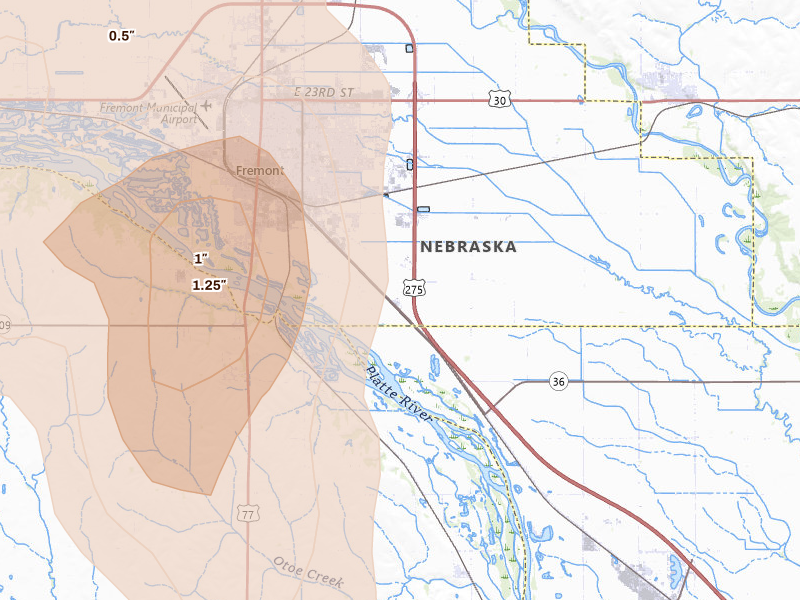 Radar-estimated hail-size map of the storm over Fremont, NE on Jul 1, 2026