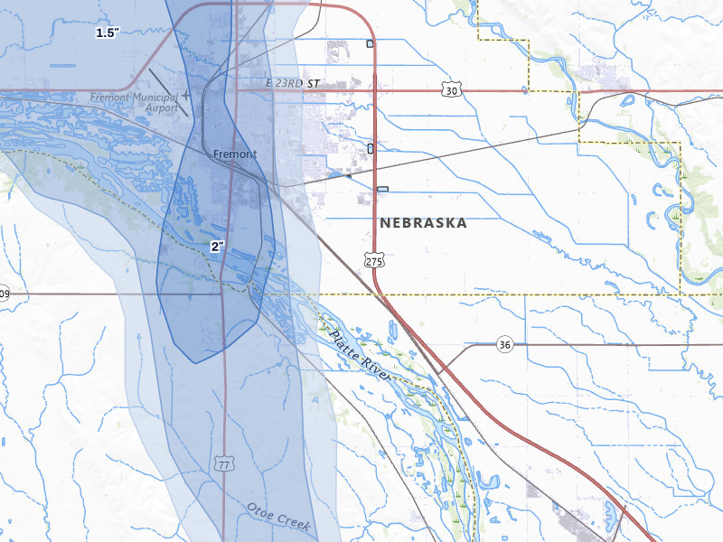 NEXRAD radar-signature map of the hail storm over Fremont, NE on Jul 1, 2026