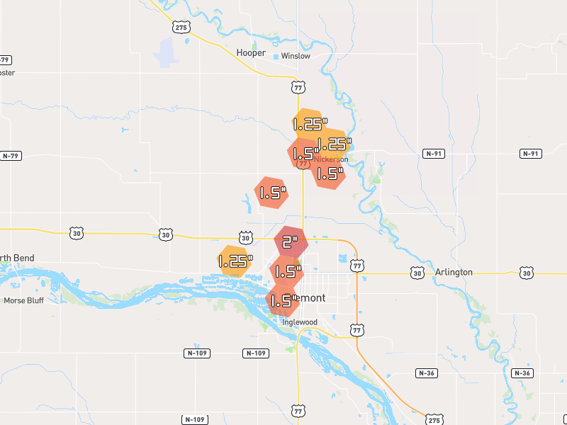 Hail map of Fremont, NE on Jul 2, 2026, hail up to 2"