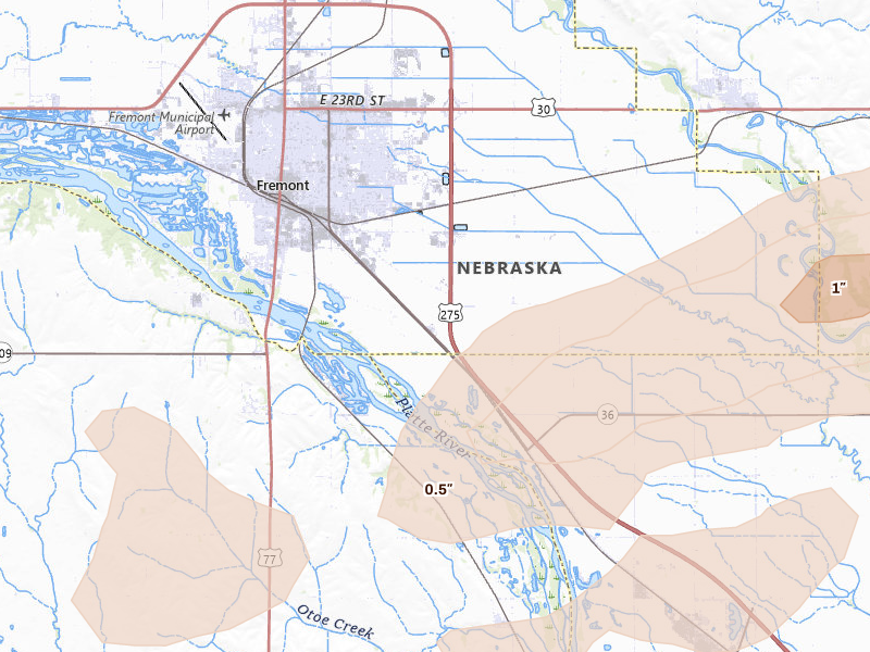 Radar-estimated hail-size map of the storm over Fremont, NE on Jul 3, 2026