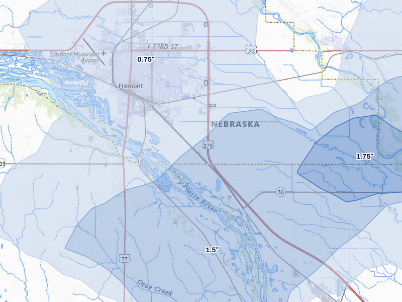 NEXRAD radar-signature map of the hail storm over Fremont, NE on Jul 3, 2026