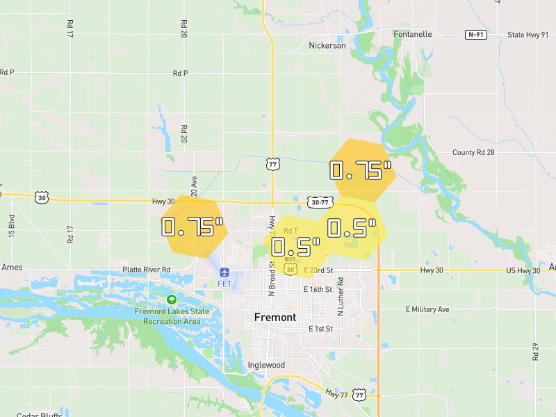Hail map of Fremont, NE on Jul 3, 2026, hail up to 0.75"