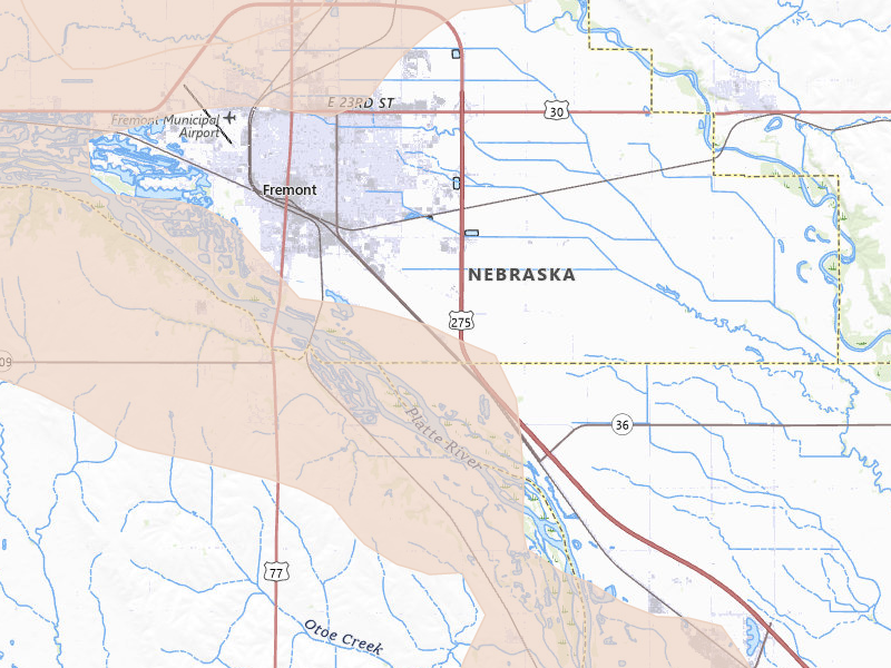 Radar-estimated hail-size map of the storm over Fremont, NE on Jul 8, 2026