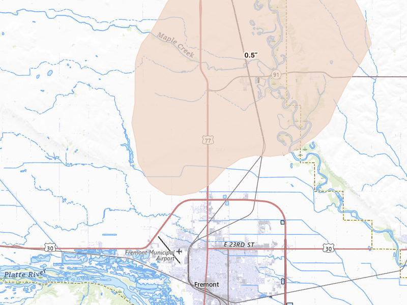 Radar-estimated hail-size map of the storm over Fremont, NE on Aug 12, 2026
