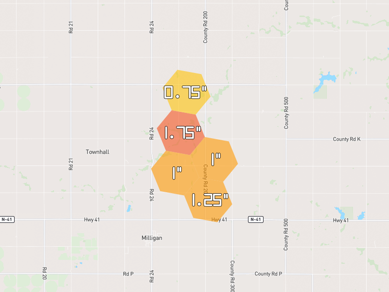 Hail map of Friend, NE on Jun 2, 2026, hail up to 1.75"