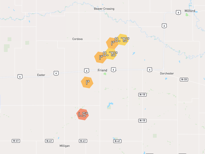 Hail map of Friend, NE on Jun 6, 2026, hail up to 1.5"