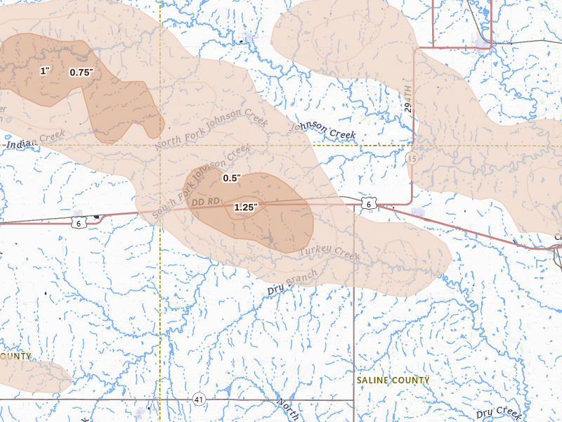 Radar-estimated hail-size map of the storm over Friend, NE on Jul 8, 2026