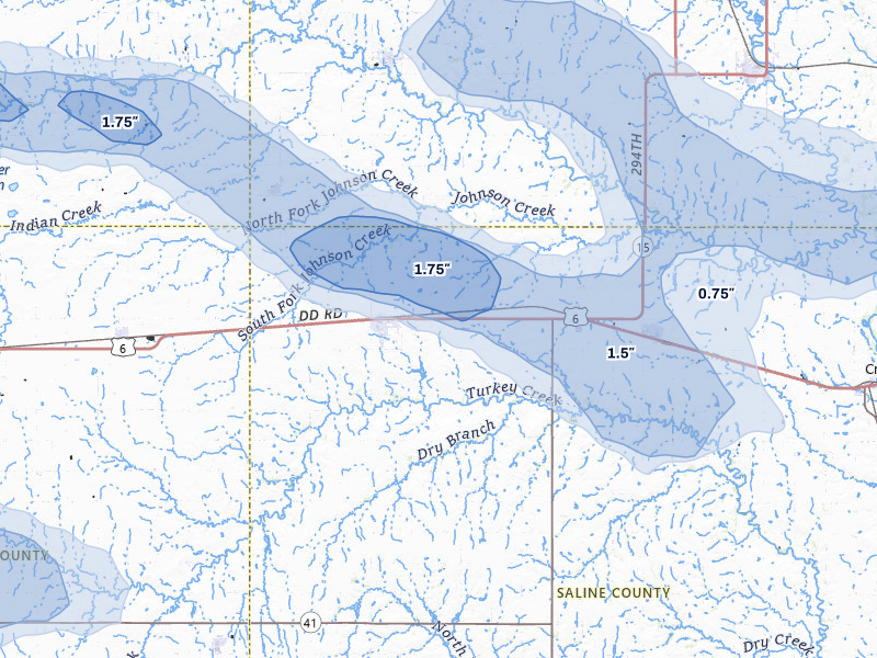 NEXRAD radar-signature map of the hail over Friend, NE