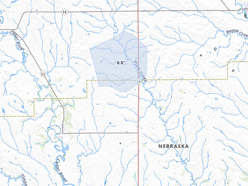 NEXRAD radar-signature map of the hail storm over Fullerton, NE on Mar 5, 2026