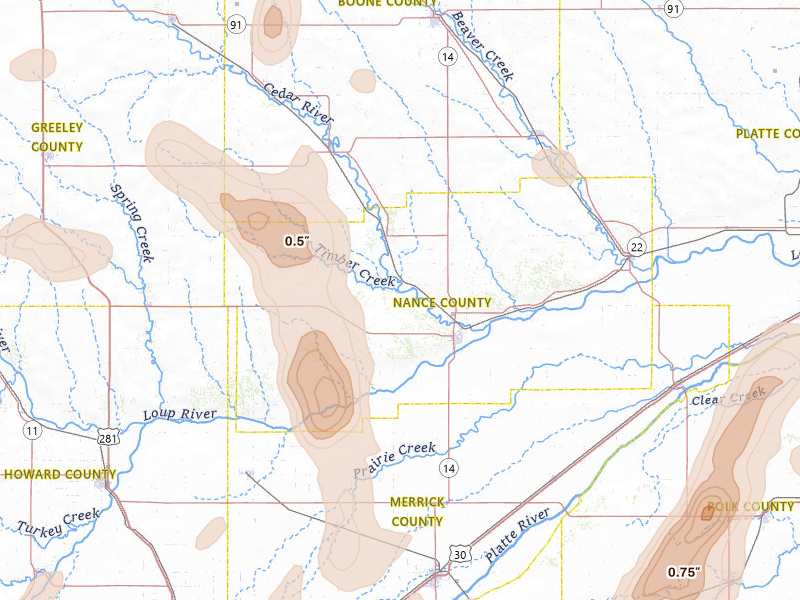 Radar-estimated hail-size map of the storm over Fullerton, NE on May 16, 2026