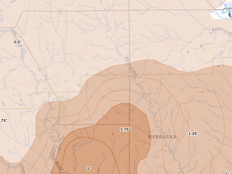 Radar-estimated hail-size map of the storm over Fullerton, NE on May 17, 2026