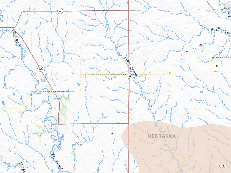 Radar-estimated hail-size map of the storm over Fullerton, NE on Jul 8, 2026