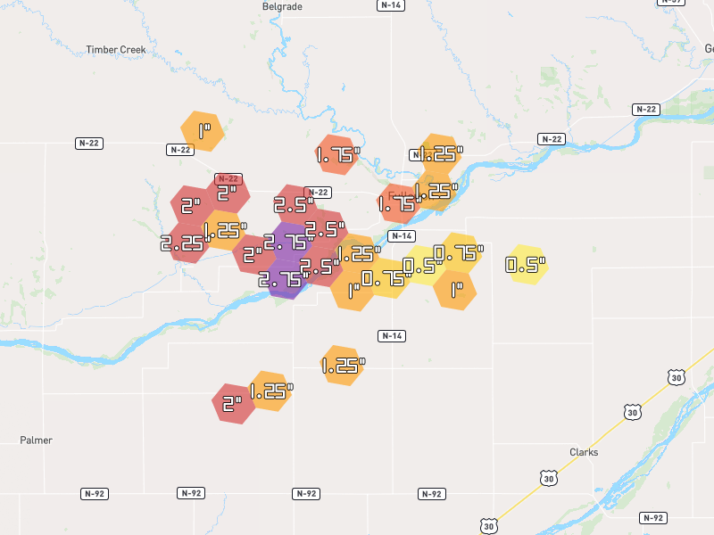 Hail map of Fullerton, NE on Jul 8, 2026, hail up to 2.75"