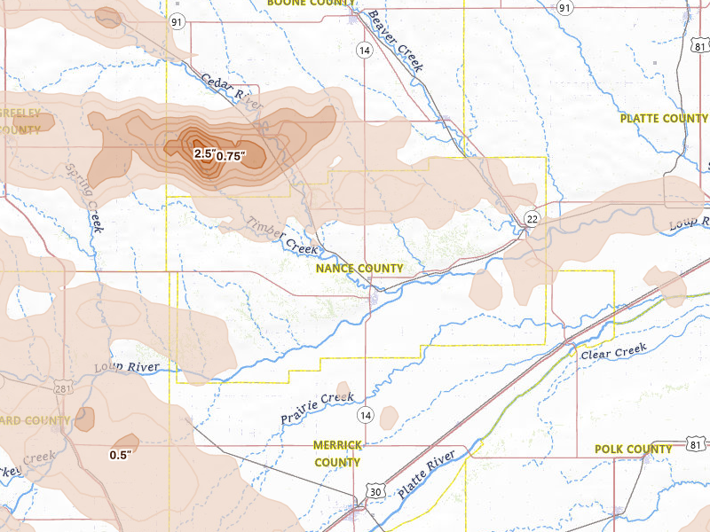 Radar-estimated hail-size map of the storm over Fullerton, NE on Aug 17, 2026