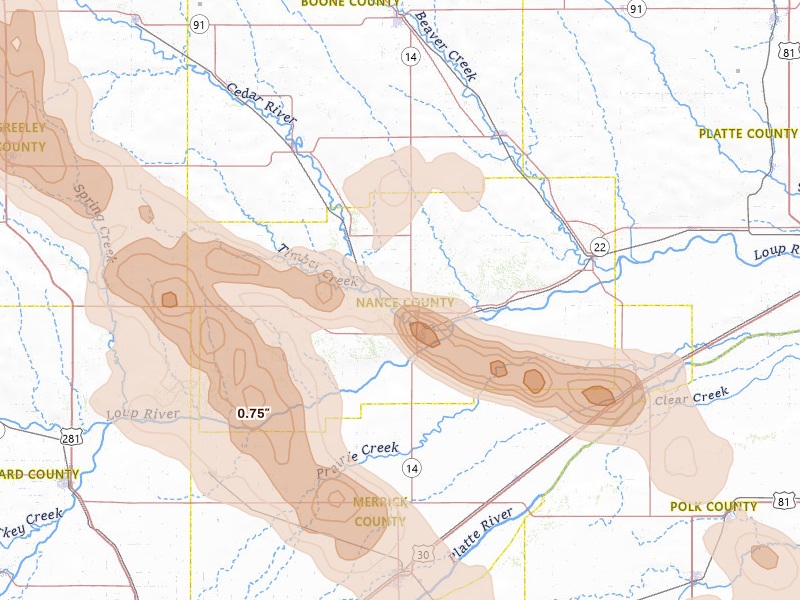 Radar-estimated hail-size map of the storm over Fullerton, NE on Aug 19, 2026