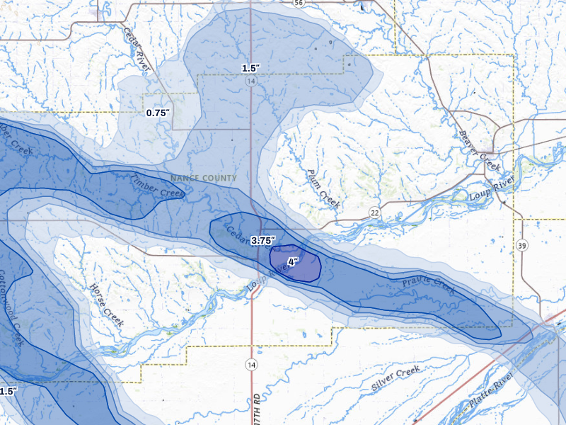 NEXRAD radar-signature map of the hail storm over Fullerton, NE on Aug 19, 2026