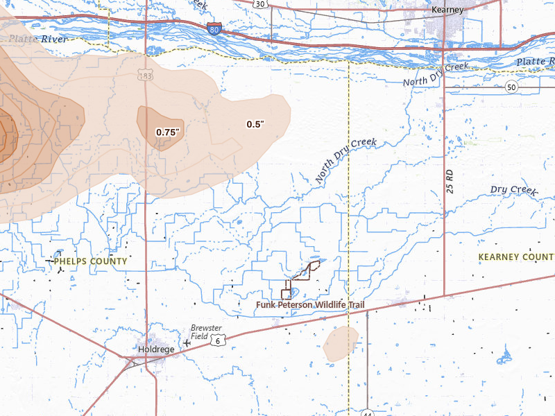 Radar-estimated hail-size map of the storm over Funk, NE on May 16, 2026