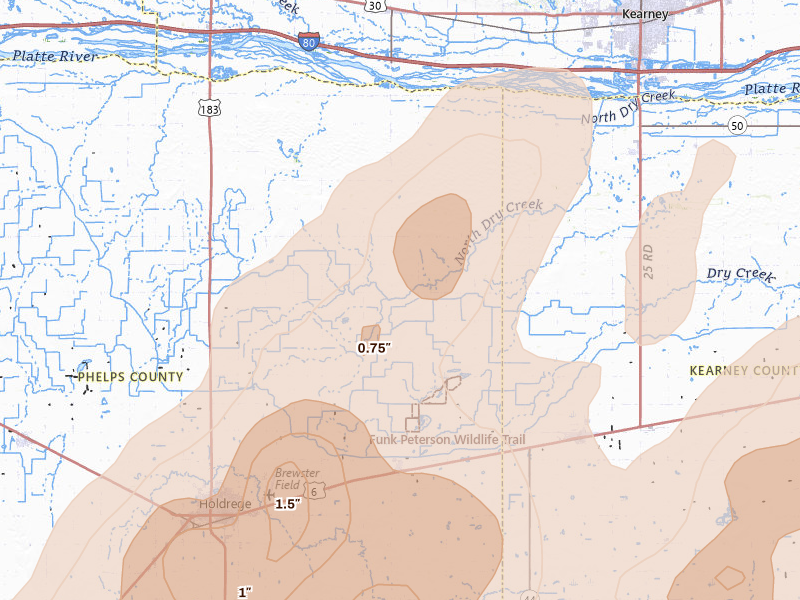 Radar-estimated hail-size map of the storm over Funk, NE on Jun 9, 2026