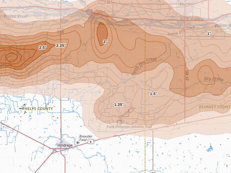 Radar-estimated hail-size map of the storm over Funk, NE on Jun 10, 2026