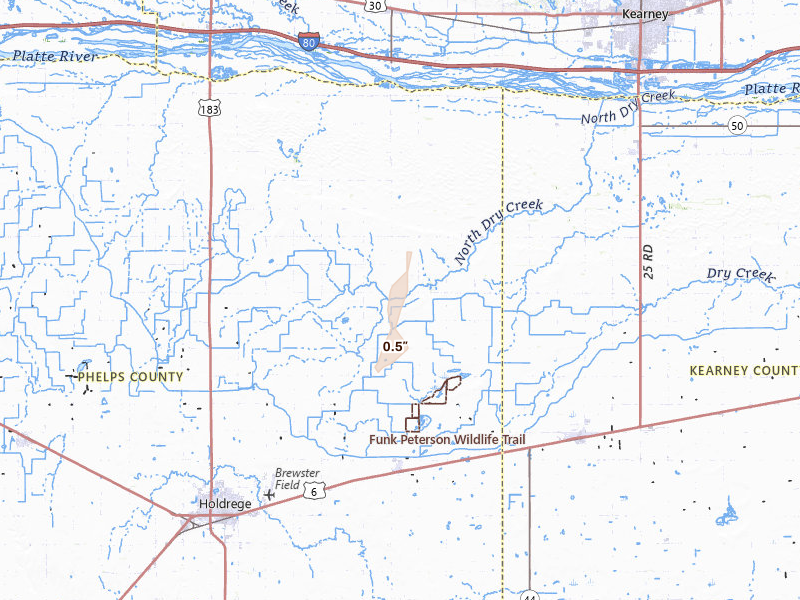 Radar-estimated hail-size map of the storm over Funk, NE on Jun 29, 2026