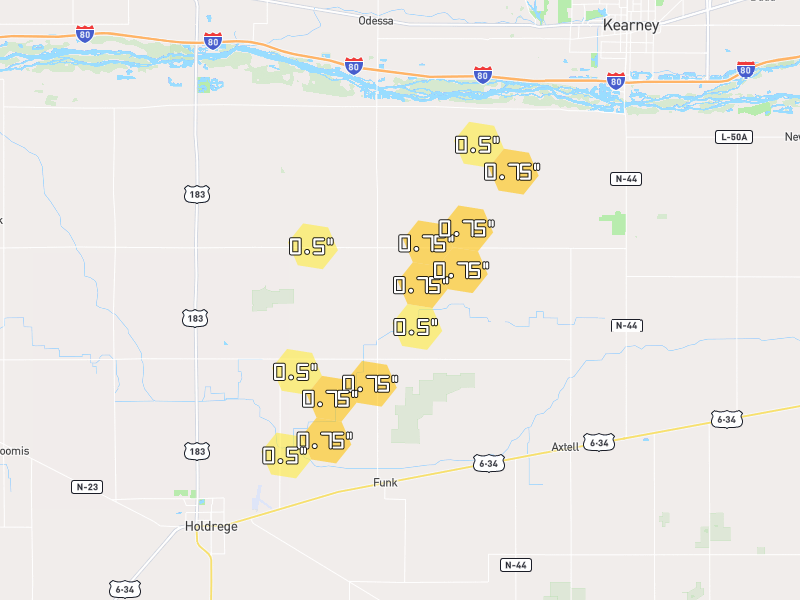 Hail map of Funk, NE on Jun 30, 2026, hail up to 0.75"