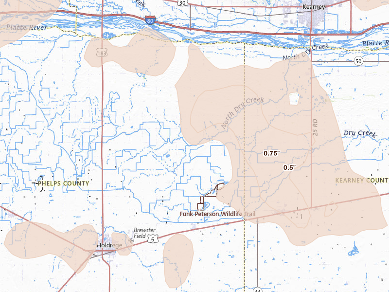 Radar-estimated hail-size map of the storm over Funk, NE on Jul 30, 2026
