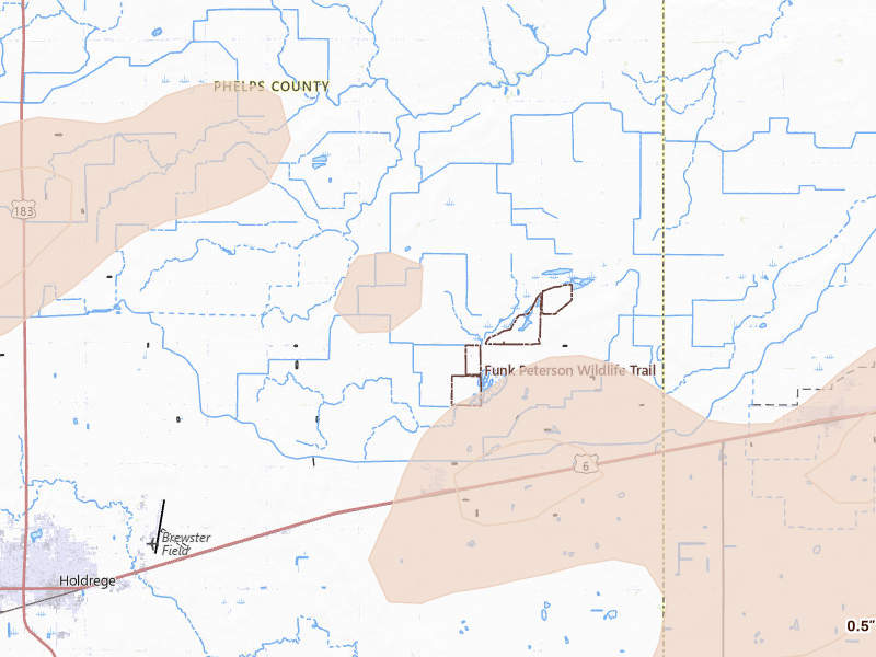 Radar-estimated hail-size map of the storm over Funk, NE on Aug 13, 2026