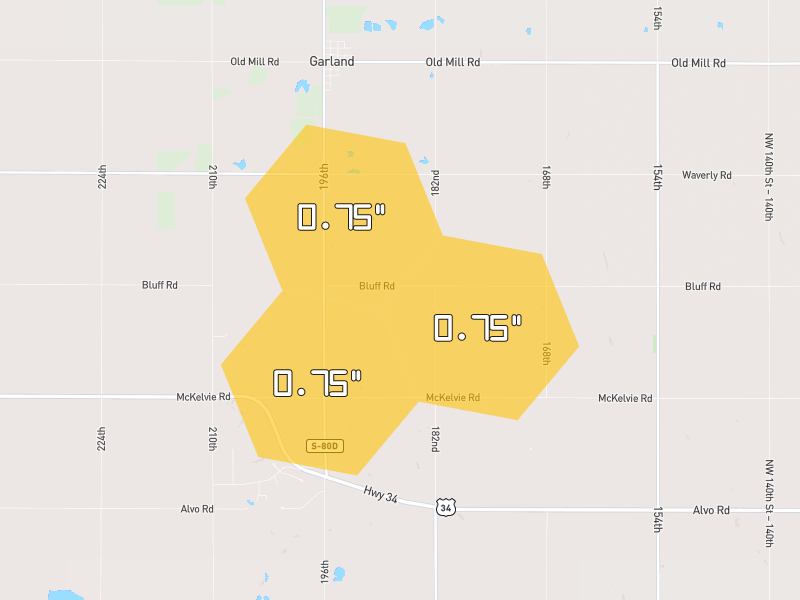 Hail map of Garland, NE on Jun 6, 2026, hail up to 0.75"