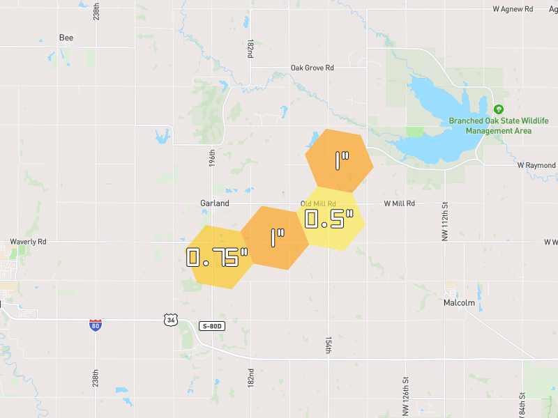 Hail map of Garland, NE on Jul 3, 2026, hail up to 1"