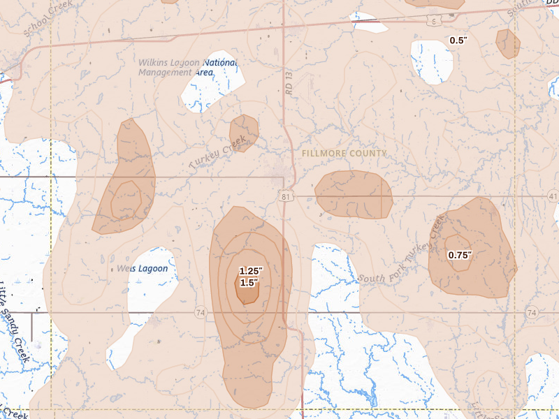 Radar-estimated hail-size map of the storm over Geneva, NE on Jun 5, 2026