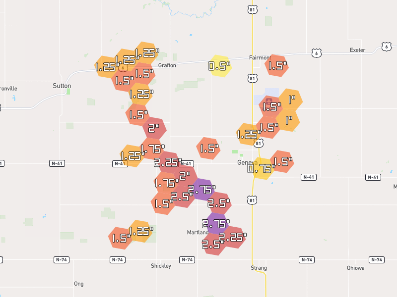 Hail map of Geneva, NE on Jun 6, 2026, hail up to 2.75"