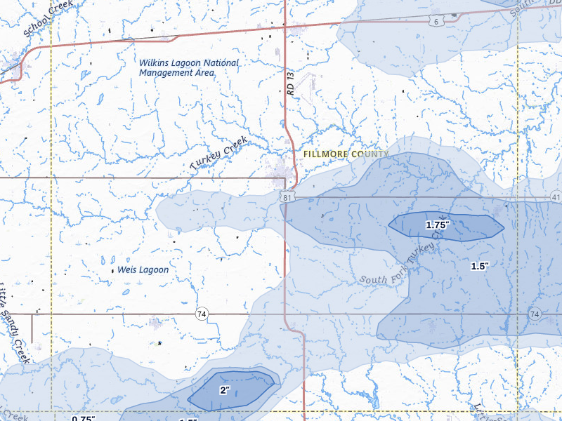 NEXRAD radar-signature map of the hail storm over Geneva, NE on Jul 3, 2026