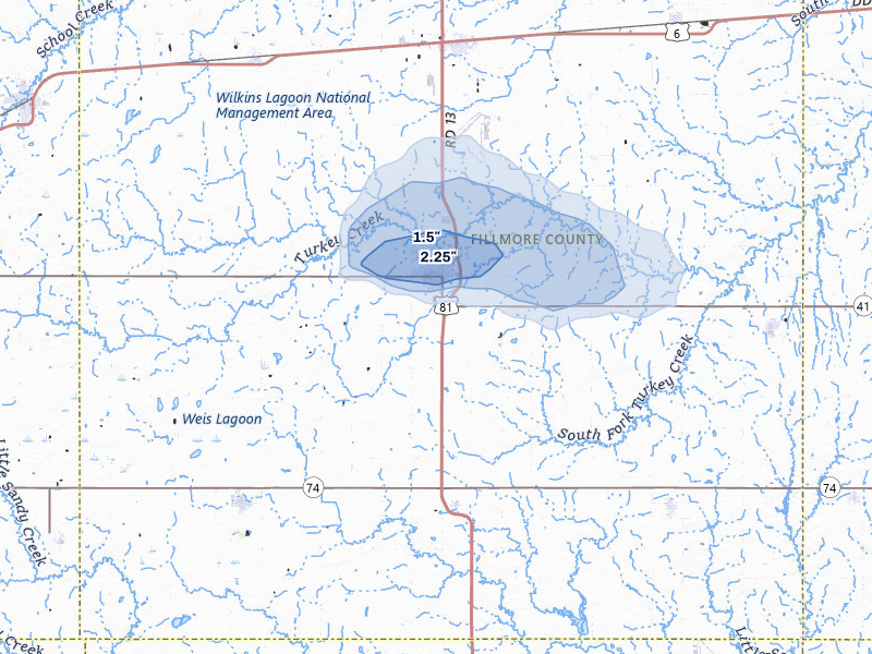 NEXRAD radar-signature map of the hail storm over Geneva, NE on Jul 8, 2026