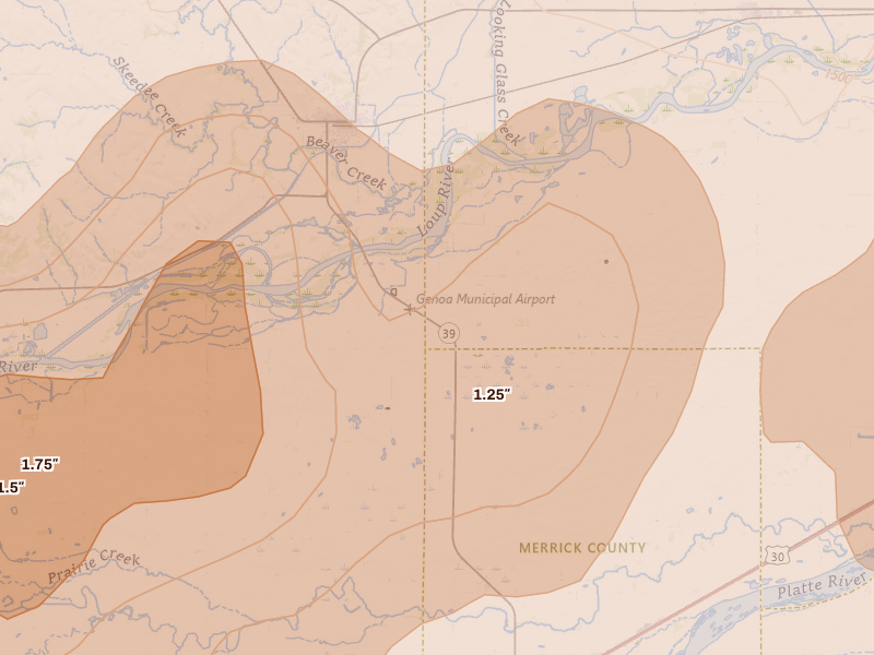 Radar-estimated hail-size map of the storm over Genoa, NE on May 17, 2026