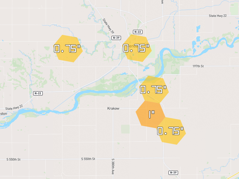 Hail map of Genoa, NE on Jun 6, 2026, hail up to 1"