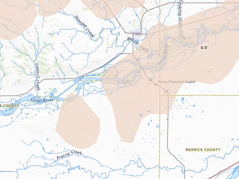 Radar-estimated hail-size map of the storm over Genoa, NE on Aug 17, 2026
